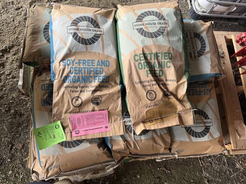 A pallet of certified organic soy-free feed bags from Stone House Grain